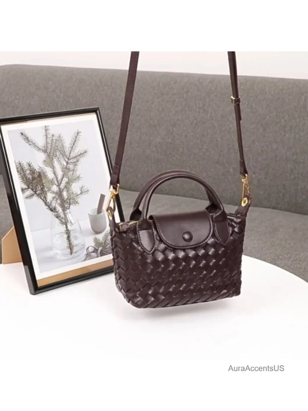 Mini Woven Dumpling Crossbody Bag, Vegan Leather Shoulder Purse, Cute Top